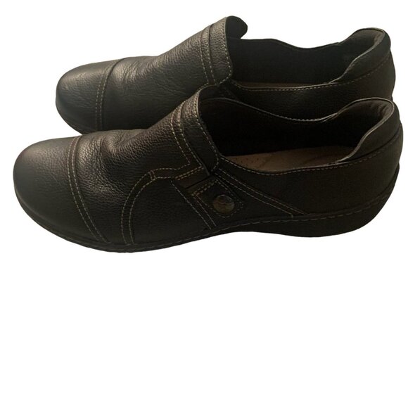 CLARKS COLLECTION WOMEN'S BLACK LEATHER SLIP ON LOAFERS 9- NICE! - Picture 2 of 7